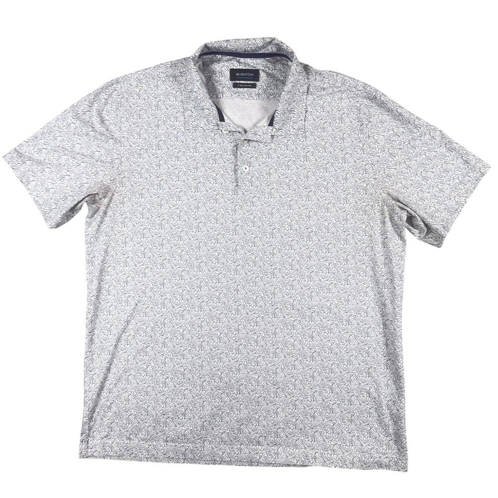Bugatchi OoohCotton Tech Polo Men’s Size L White Blue Leaf Print 8-Way Stretch